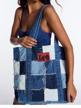 Lee Patchwork Denim Tote Bag Beach Cruise Vacation Mixed Blues NWT